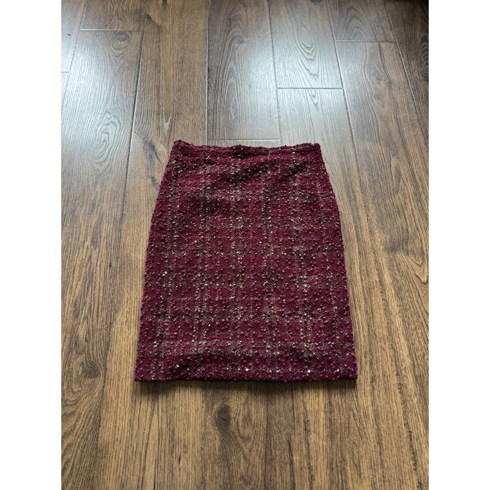 The Limited Burgundy Boucle Sequin Pencil Skirt Metallic Gold Tweed Size 4